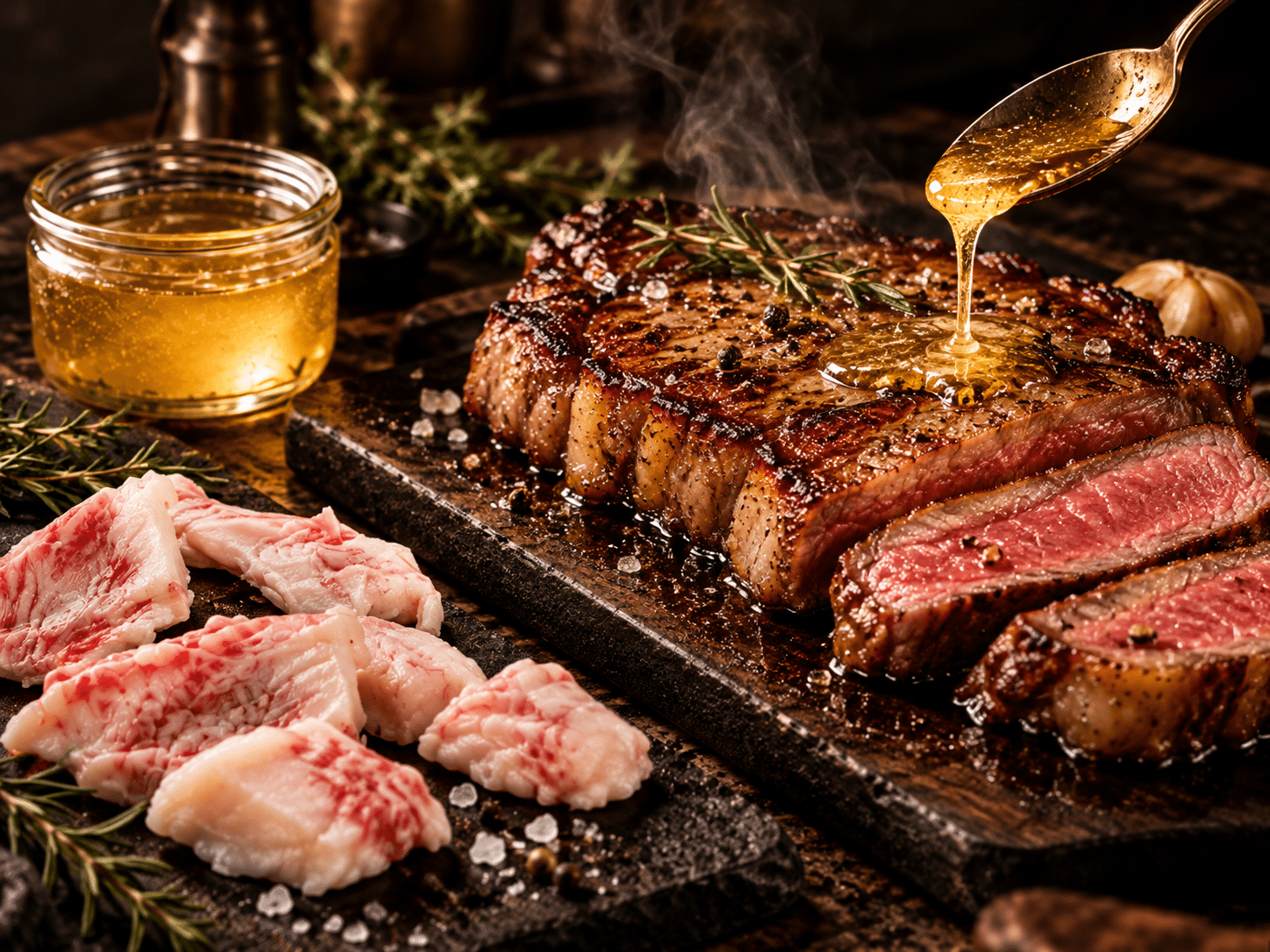 Fertig gebratenes Steak mit Japan Wagyu Fett verfeinern